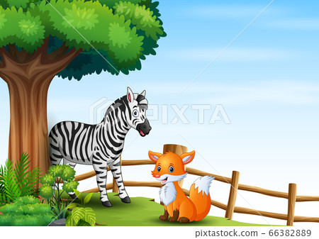 A zebra and fox playing under the big tree A zebra and fox playing under the big tree 66382889