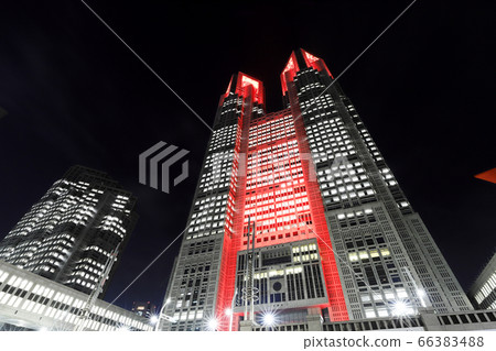 Tokyo Government building illuminated in red by Tokyo Alert 66383488