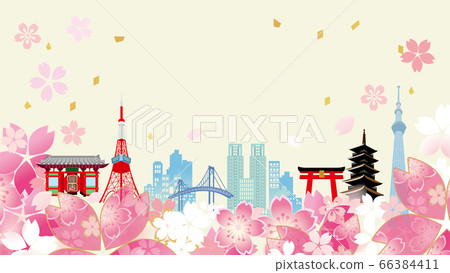 Illustration of cherry blossoms and buildings in Tokyo Illustration of cherry blossoms and buildings in Tokyo 66384411