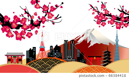 Japanese style Mt. Fuji, plums and the city of Tokyo 66384418