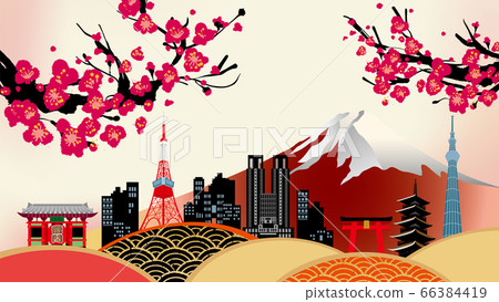 Japanese style Mt. Fuji, plums and the city of Tokyo Japanese style Mt. Fuji, plums and the city of Tokyo 66384419