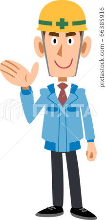 一個穿著藍色工作服的男人戴著頭盔指導 66385916