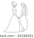Outline style couple of lesbian brides holding hands at the wedding 66386081