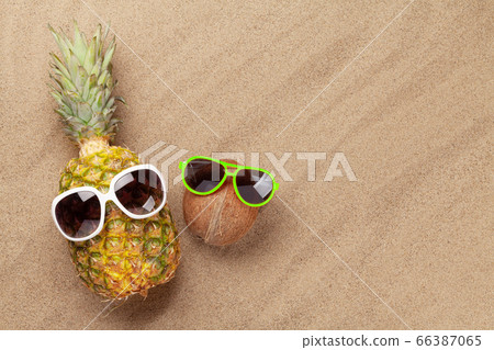 Pineapple and coconut with sunglasses Pineapple and coconut with sunglasses 66387065