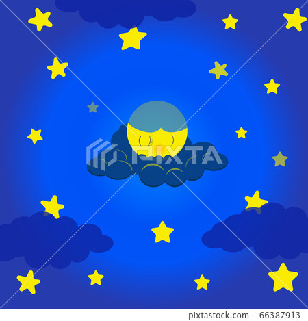 The moon sleeps in a cloud surrounded by stars. The moon sleeps in a cloud surrounded by stars. 66387913