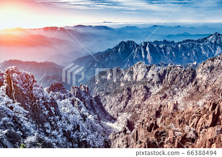 Morning view of the peaks of Huangshan National park. China. Morning view of the peaks of Huangshan National park. China. 66388494