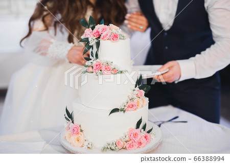 Bride and groom at wedding cutting the wedding cake Bride and groom at wedding cutting the wedding cake 66388994