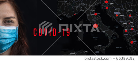 Coronavirus 2019-nCoV. Girl in a medical mask on the background of the epicenter of the epidemic world map. Prohibition of movement, flights between countries due to coronavirus 66389192