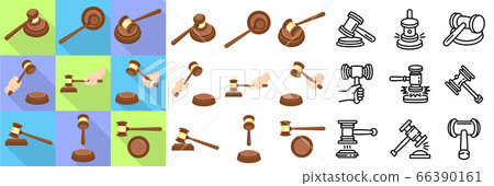 Judge hammer icons set, flat and outline style Judge hammer icons set, flat and outline style 66390161