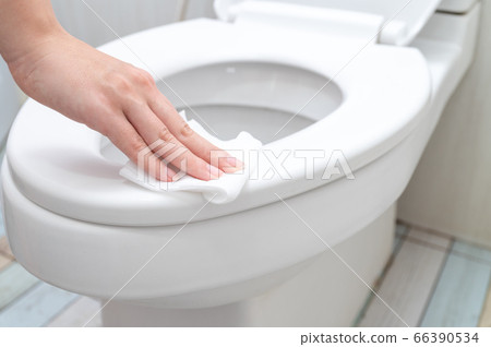Cropped image of young woman cleaning Toilet seat by a wet wipe in public restroom 66390534