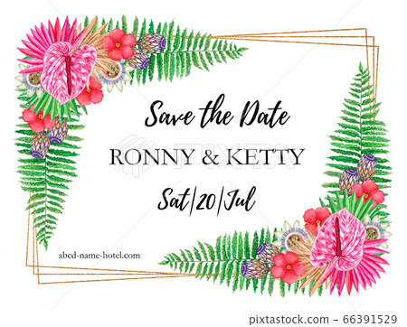 Wedding invitation with exotic tropical flowers Wedding invitation with exotic tropical flowers 66391529