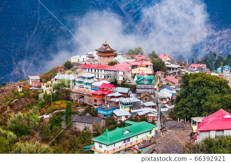 Kalpa town aerial panoramic view, India 66392921