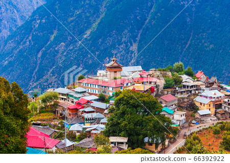 Kalpa town aerial panoramic view, India 66392922