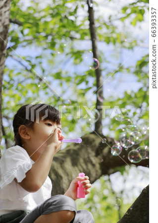 Toddler playing with soap bubbles on a tree (5 years old) Toddler playing with soap bubbles on a tree (5 years old) 66393357