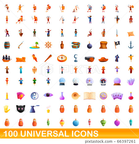 100 universal icons set, cartoon style 100 universal icons set, cartoon style 66397261
