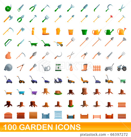100 garden icons set, cartoon style 66397272