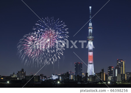Tokyo Sky Tree and fireworks composite 66398256