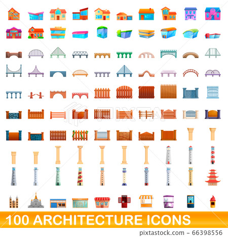 100 architecture icons set, cartoon style - Stock Illustration ...