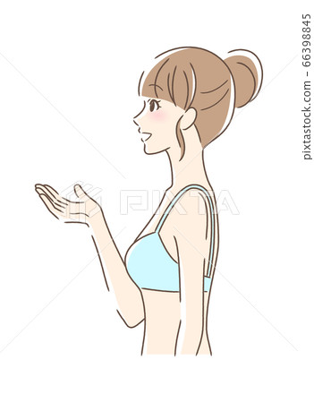 Side profile of a woman smiling and holding out her hand 66398845