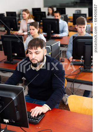 Portrait of female and male students working on computers in classroom 66400687