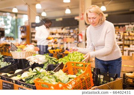 Woman choosing vegetables in food store Woman choosing vegetables in food store 66402431