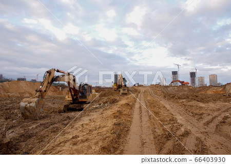 Group of the excavators for dig ground trenching Group of the excavators for dig ground trenching 66403930