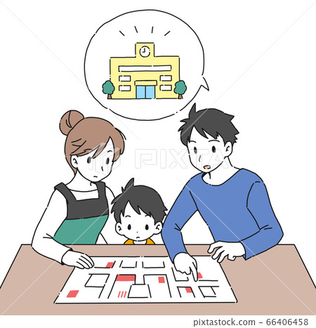 Illustration of a family checking the evacuation site in case of a disaster Illustration of a family checking the evacuation site in case of a disaster 66406458