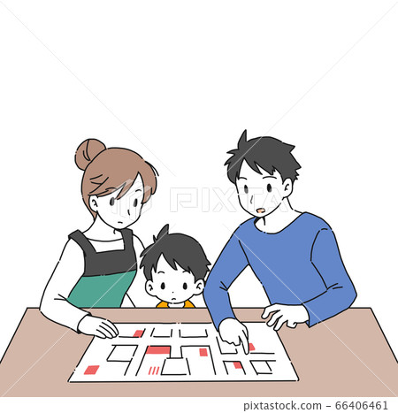 Illustration of a family checking the evacuation site in case of a disaster Illustration of a family checking the evacuation site in case of a disaster 66406461