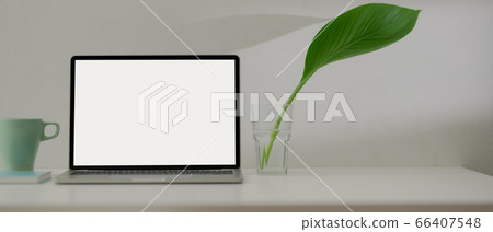 Minimal worktable with blank screen laptop, mug, Minimal worktable with blank screen laptop, mug, 66407548