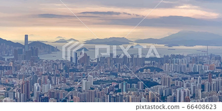 The panorama illustration of Hong Kong cityscape, buildings, mountain and sea 66408623
