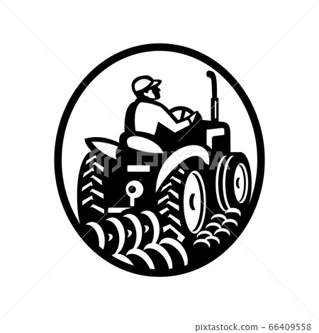 Organic Farmer Plowing Field With Vintage Tractor Organic Farmer Plowing Field With Vintage Tractor 66409558