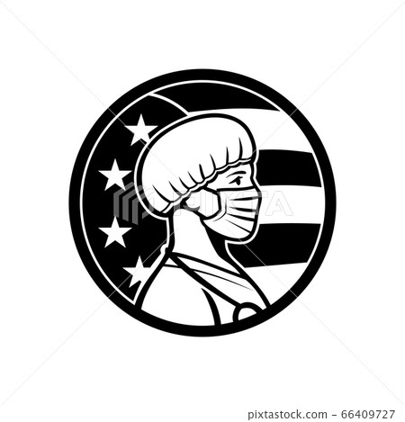 American Nurse Wearing Mask Side USA Flag Mascot American Nurse Wearing Mask Side USA Flag Mascot 66409727