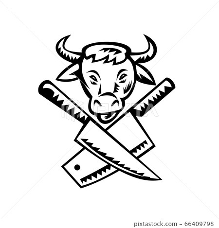 Crossed Butcher Knife With Cow Head Front View Crossed Butcher Knife With Cow Head Front View 66409798