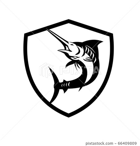 Blue Marlin Fish Jumping Shield Crest Retro Black 66409809