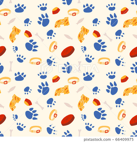 Animal seamless pattern. Pet accessories, collar, bowl, bone, fish. Paw prints repeat motif. Animal seamless pattern. Pet accessories, collar, bowl, bone, fish. Paw prints repeat motif. 66409975