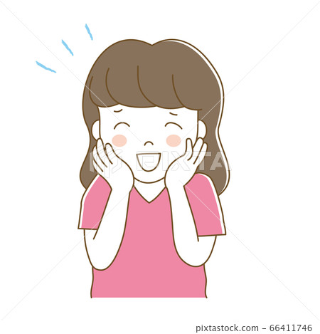 A woman smiling with her hand on his cheek 66411746
