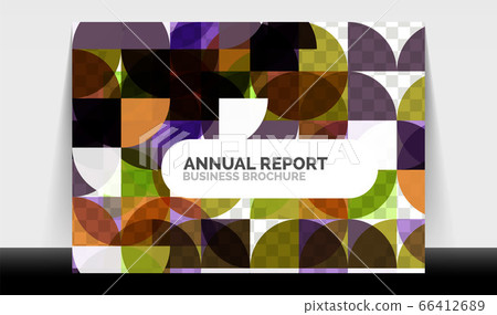 Horizontal A4 business flyer annual report template, circles and triangle style shapes modern geometric design for brochure layout, magazine or booklet 66412689