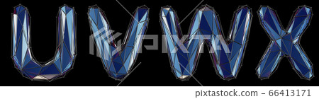 Realistic 3D set of letters U, V, W, X made of low poly style. Collection symbols of low poly style blue color glass isolated on black background 3d Realistic 3D set of letters U, V, W, X made of low poly style. Collection symbols of low poly style blue color glass isolated on black background 3d 66413171