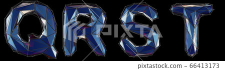 Realistic 3D set of letters Q, R, S, T made of low poly style. Collection symbols of low poly style blue color glass isolated on black background 3d 66413173