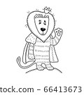 The little lion king in the crown and fur cape. Cute animal waving hand. Hand-drawn russian lubok. Fairystory doodle 66413673