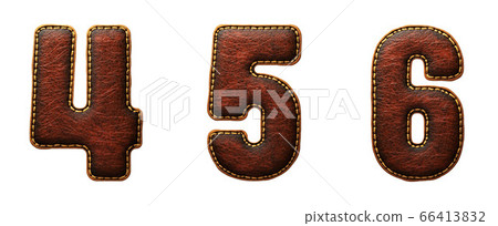 Set of numbers 4, 5, 6, made of leather. 3D render font with skin texture isolated on white background. Set of numbers 4, 5, 6, made of leather. 3D render font with skin texture isolated on white background. 66413832