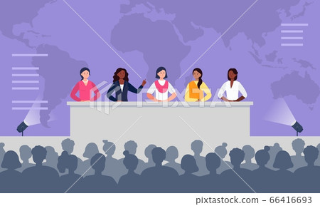 Women on stage and speak to an audience. Women on stage and speak to an audience. 66416693