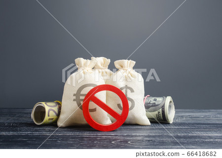 Money bags and red prohibition symbol no. Dedollarization, diversification of foreign gold exchange reserves. Capital export outflow restrictions. Sanctions. Regulatory laws in the financial sector. Money bags and red prohibition symbol no. Dedollarization, diversification of foreign gold exchange reserves. Capital export outflow restrictions. Sanctions. Regulatory laws in the financial sector. 66418682