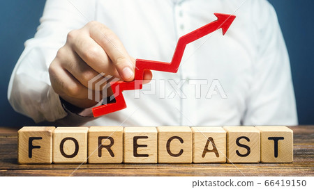 Man holds red arrow up over word Forecast. Budget surplus, optimistic price quotes, rise of company value. Prediction further development of situation. High demand, profitability, economic prosperity Man holds red arrow up over word Forecast. Budget surplus, optimistic price quotes, rise of company value. Prediction further development of situation. High demand, profitability, economic prosperity 66419150