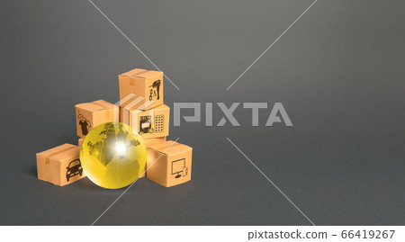 Golden glass globe and cardboard boxes. Globalization markets. Economics development. International world trade distribution. Delivery of goods, shipping. Global economy, import export freight traffic Golden glass globe and cardboard boxes. Globalization markets. Economics development. International world trade distribution. Delivery of goods, shipping. Global economy, import export freight traffic 66419267