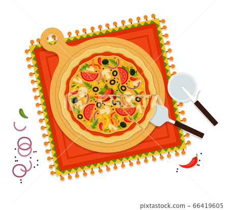 Round delicious pizza mexica vector flat illustration. Popular fast food. Top view. Round delicious pizza mexica vector flat illustration. Popular fast food. Top view. 66419605