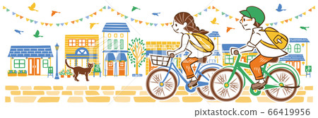 男女在夏季城市景觀中騎自行車 男女在夏季城市景觀中騎自行車 66419956