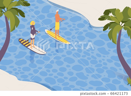 Vector outdoor landscape with two people on stand 66421173