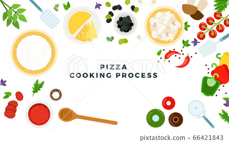 Pizza cooking process vector flat illustrations. Products and tools for pizza cooking with space for text. Pizza cooking process vector flat illustrations. Products and tools for pizza cooking with space for text. 66421843