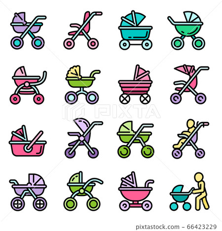Pram icons set, outline style Pram icons set, outline style 66423229